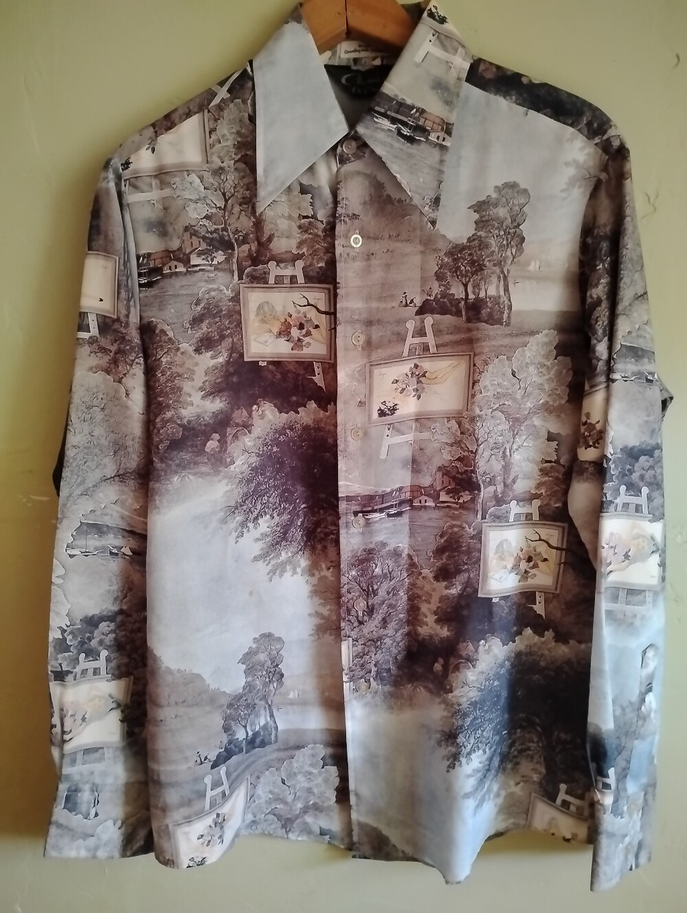 1970s Chemise Et Cie Vintage Playboy Vargas Countryside Painting Shirt Disco.